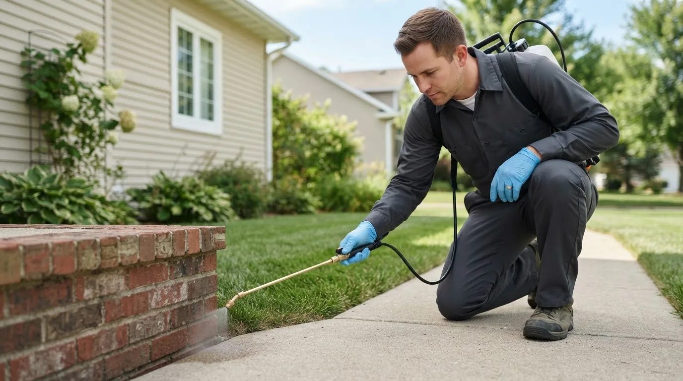 Pest control technician treating a home near Goliad, TX