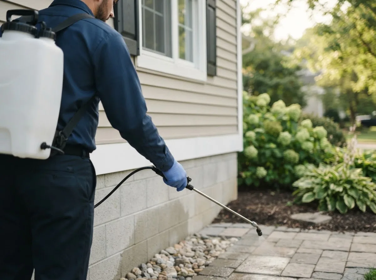 Pest control technician inspecting a home in Goliad, TX